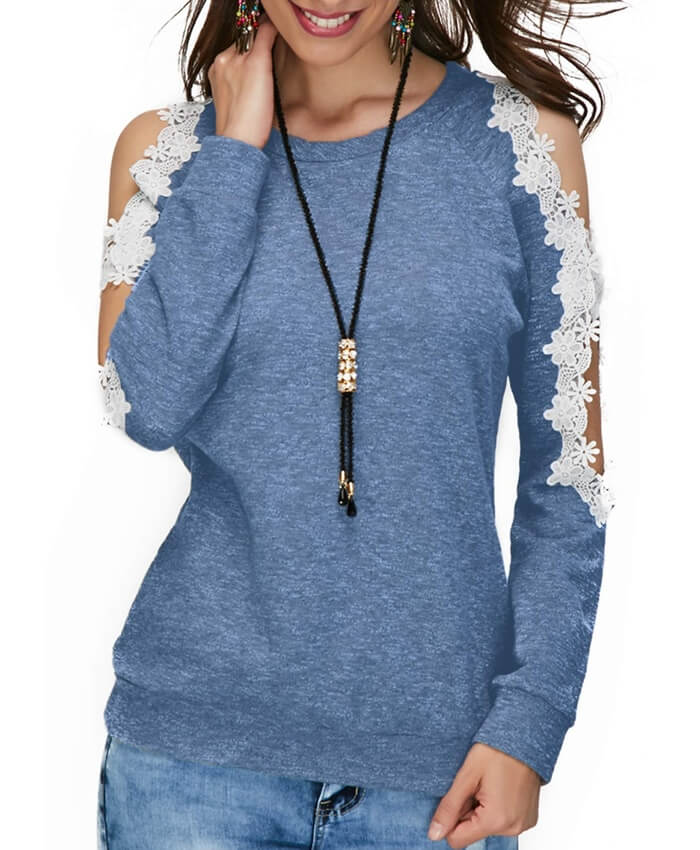 Cold Shoulder Lace Panel Blue Blouse